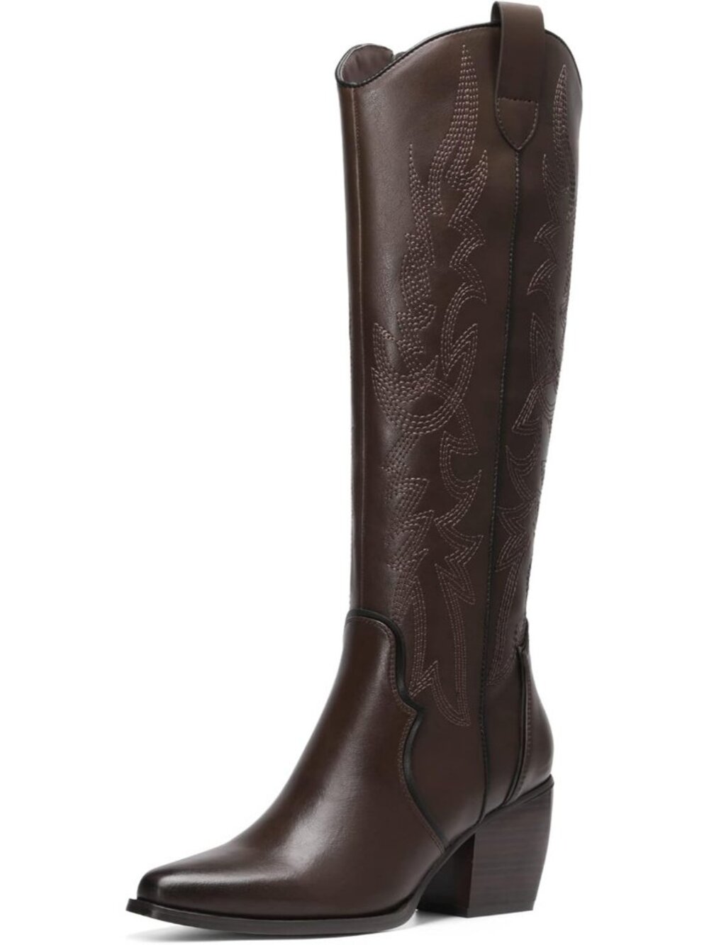 Women's Dark Brown Wide Calf Pull On Zipper Chunky Heel Western Knee High Boot
